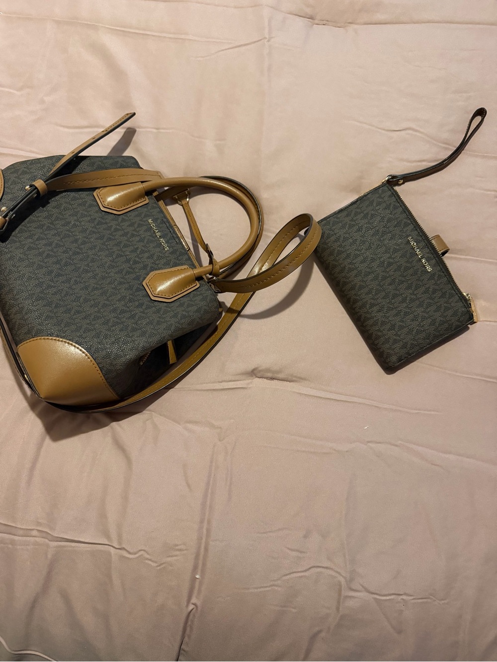 Michael Kors Logo-Print Satchel and Wristlet in Dark Green and Tan